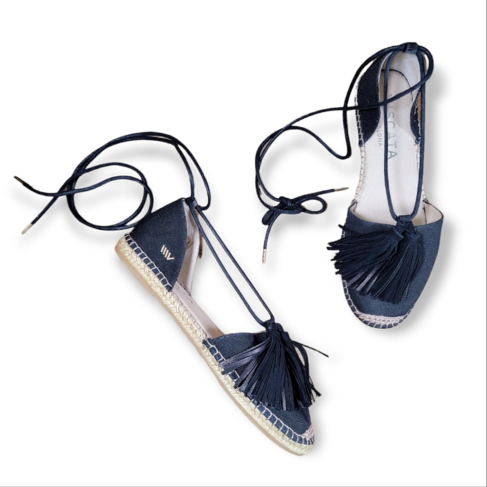 Viscata | 40 Black Canvas Espadrilles with ankle wraps and tassels